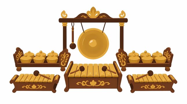 Gamelan traditional Indonesian musical instruments set, featuring ornate golden brass gongs, metallophones, and mallets, depicting Javanese cultural music vector illustration.