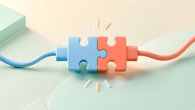 Two Interlocking Puzzle Pieces Connected by Wires Representing Partnership and Integration
