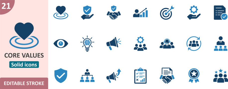 Corporate core values icon set representing mission goals and professional ethics with business