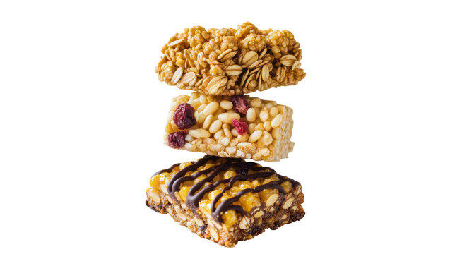 Isolated stack of three different healthy breakfast cereal snack granola bars