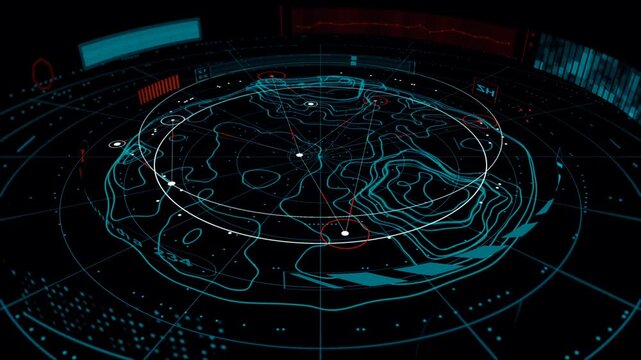 3D circular topographic radar display showing neon green contour lines, scanning map, and data metrics dashboard.