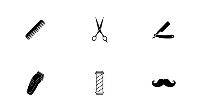 Barber Tools and Accessories Arranged in a Grid Pattern Featuring Comb, Scissors, Razor with Trimmer and Brush Elements