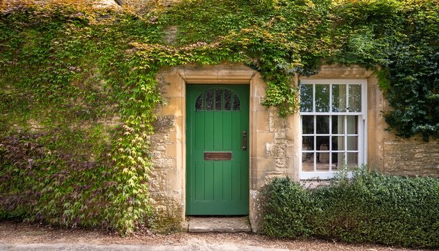 traditional stone cottage entrance with open green door and leafy vine growing over wall cotswolds countryside england