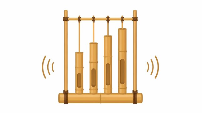 Angklung traditional Indonesian musical instrument crafted from bamboo, depicted with sound waves, representing cultural folk music, artistic performance, and melodic heritage.