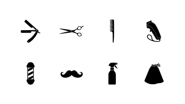 Barber Tools Set Icons for Grooming Concept, Including Scissors, Comb, Razor, Trimmer, Soap Bottle and Apron