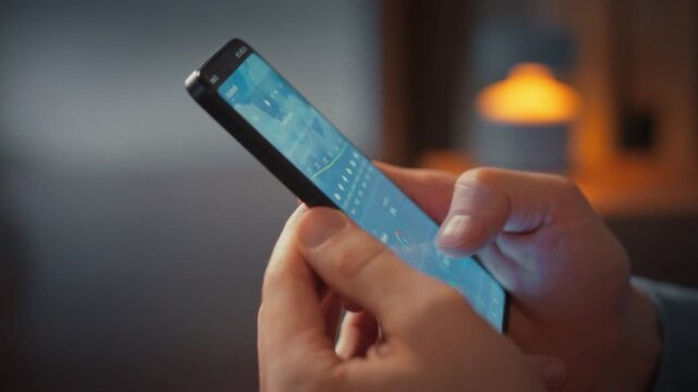 In a living room at dusk, a man checks the weather forecast on his smartphone, scrolling through apps to plan his week. The close-up of his hands highlights mobile technology aiding life planning
