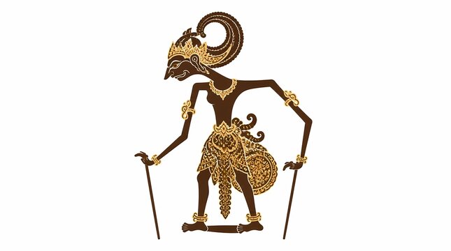 Wayang Kulit Javanese shadow puppet, standing character with ornate golden costume, representing Indonesian cultural heritage and ancient folklore.