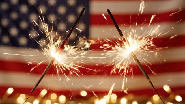 Two sparklers burning with bright sparks, american flag waving in background, festive motion.
