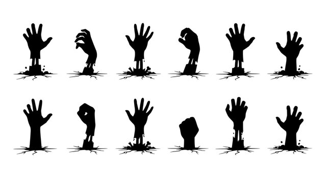 Hands Emerging From the Ground in Various Poses, Black Silhouette Style Featuring Zombie, Horror, Eerie with Creepy and Spooky