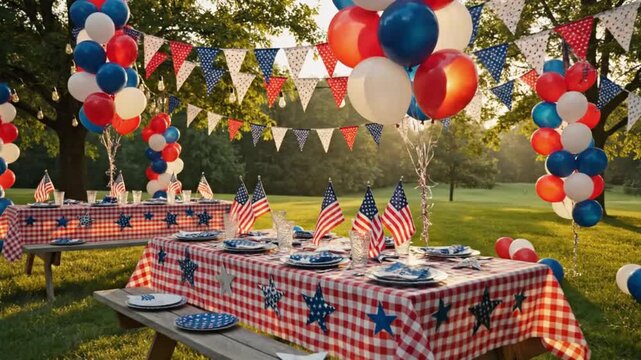 Patriotic outdoor gathering setting with balloons and american flags at picnic area.