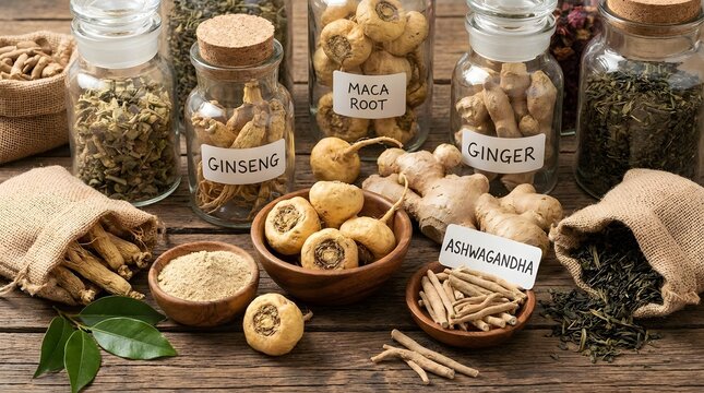 Assorted Natural Herbs and Roots Displayed on Rustic Wooden Surface