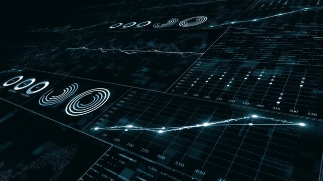Angled perspective of a large digital data screen featuring glowing line graphs, circular diagrams, and business metrics.