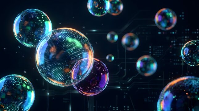 Quantum computing data nodes represented by holographic floating spheres with digital grids on an advanced electronic circuit background