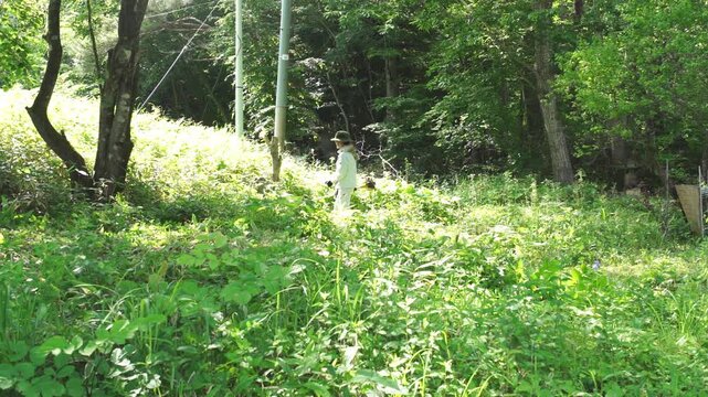 農業　芝刈り機で雑草を刈る日本人男性
