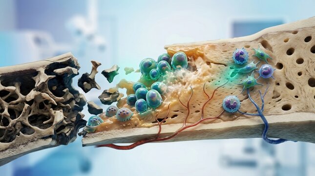 Microscopic view of bone cells and cellular activity within a damaged bone structure