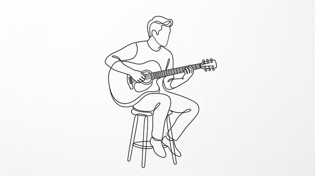 Continuous line drawing of a man playing acoustic guitar