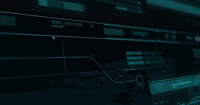 Futuristic HUD interface screen displaying system data, data transfer progress, target status, and world map graphics.