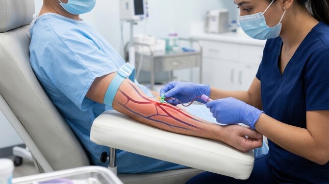 Nurse drawing blood from patient's arm for medical testing in clinic