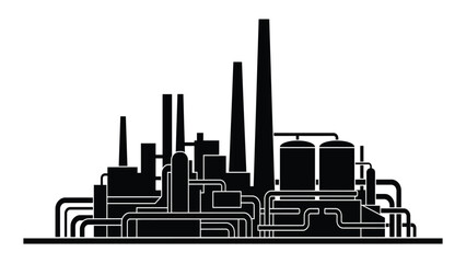 Fototapeta premium Factory industrial plant manufacturing site shown in a flat black silhouette isolated on a white background for power industry design.