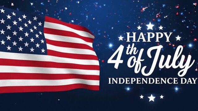 American flag waving with fireworks and confetti on blue independence day background.
