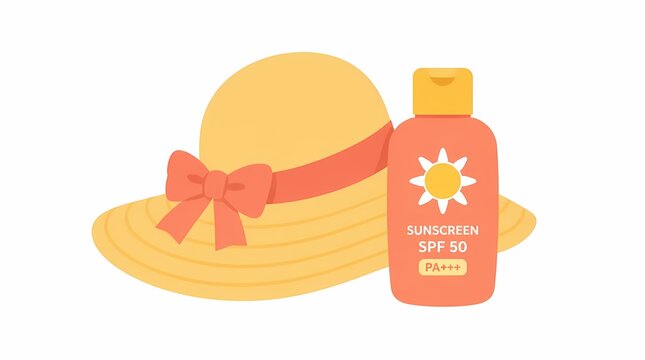 Yellow straw hat with coral ribbon and SPF 50 sunscreen bottle, flat vector illustration for summer vacation, beach travel, sun protection.