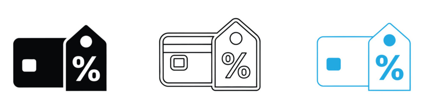 Shopping cart with percentage sign icon set black filled outline and reverse versions. Discount percentage icons for sales and promotions.  