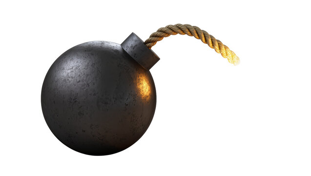 Isolated vintage cannonball bomb with a burning fuse, representing danger and urgency.
