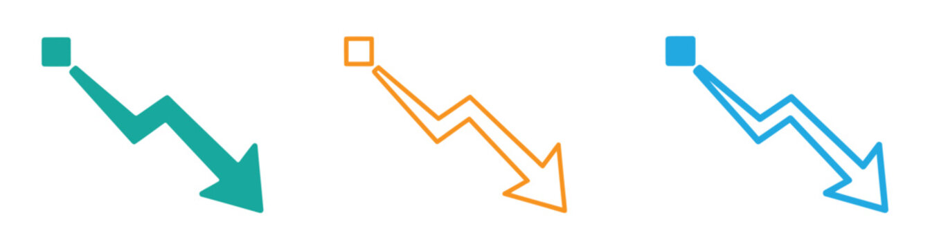  arrow pointing down business decline analysis. Downward Trend Icon Set, business decline concept, financial loss and market downturn, performance decrease and economic recession, vector icons.