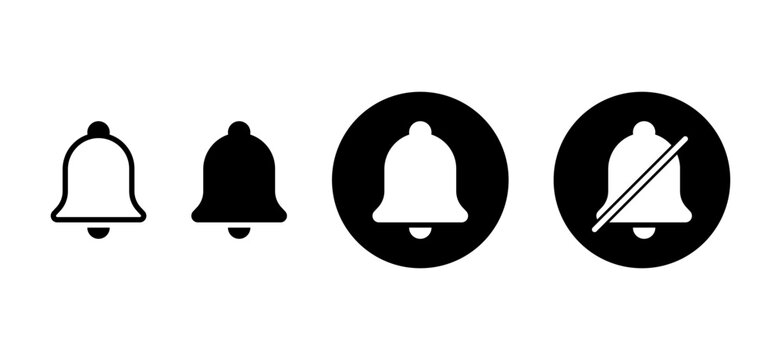 Bell notification icon set with outline, filled, circular, and muted styles. Minimal vector alert and reminder symbols isolated on white for app, web, and interface design.