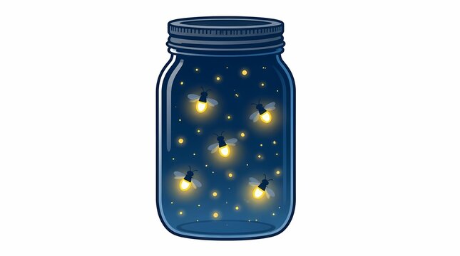Fireflies glowing brightly inside a clear glass mason jar on a dark navy background, capturing the magic of a summer night, charming cartoon illustration.