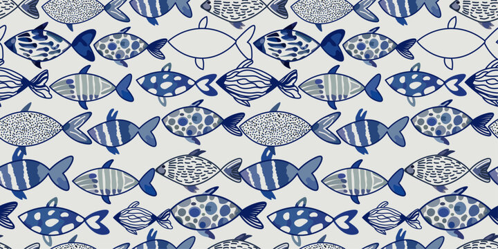 Seamless Fish Pattern with Blue Marine Animals Minimal Ocean Background Design