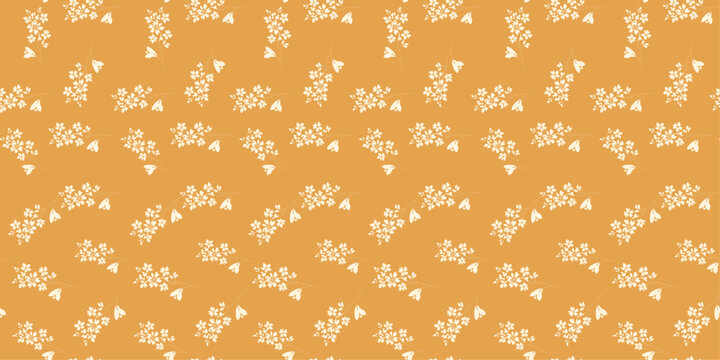 Seamless Minimal Floral Pattern with Small Botanical Flowers in Warm Mustard Background