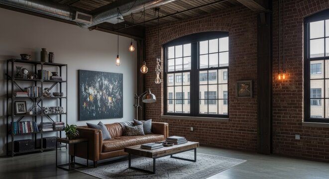 Modern living room interior with leather sofa brick wall and windows