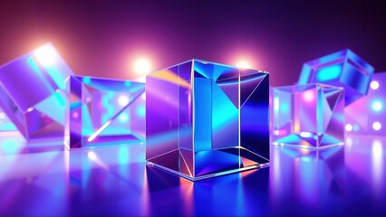 Fototapeta premium Abstract cubes glow, reflecting vibrant purple, blue light. Dark background emphasizes geometric shapes, creating futuristic scene.