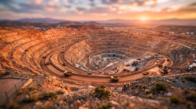 Aerial view of open pit mine with heavy machinery at golden hour landscape