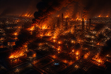 Fototapeta premium A sprawling industrial complex at night with intense fires and smoke billowing from numerous structures.