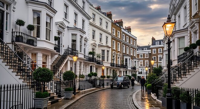 Elegant White Townhouses Lining Wet Cobblestone Street at Dusk