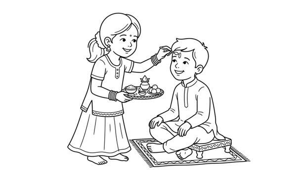 Traditional Bhai Dooj Brother Sister Line Drawing