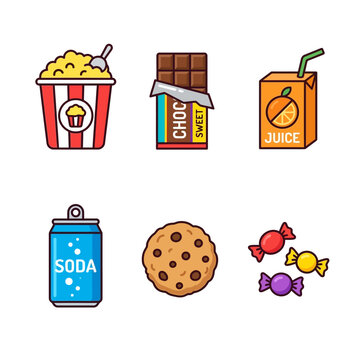 Choco balls bag and orange juice box design element in flat outline style