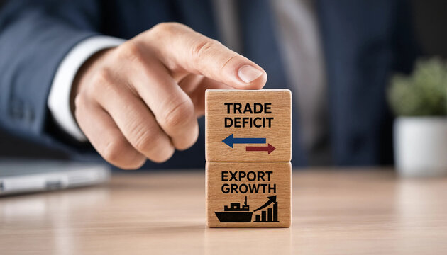 Businessman holding wooden blocks with trade deficit and export growth concept on office desk  economic strategy and growth transparent background