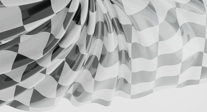 Dynamic flowing checkered fabric with wavy textures in monochrome shades