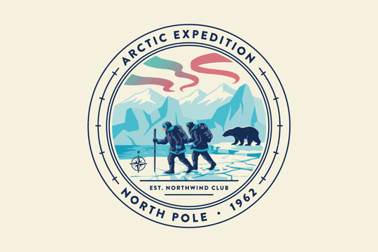Retro of arctic expedition team reaching the north pole in 1962 vintage explorer team flag