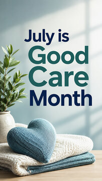 July is Good Care Month social media awareness graphic featuring a heart and plants