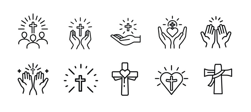 Christian religion faith church line icons set bible cross crucifix globe pastor tomb & more vector illustration with editable stroke