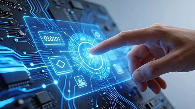 Hand interacting with futuristic digital interface