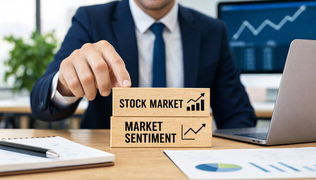Businessman analyzing stock market and market sentiment with wooden blocks on office desk with laptop and papers transparent background