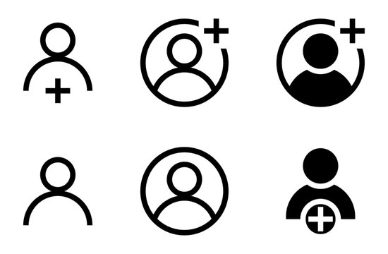 User profile icon set with add member symbols in outline and filled styles. Vector account, avatar, and new contact icons isolated on white for app, web, and interface design.
