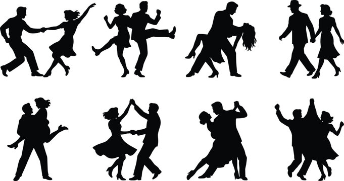 Vintage dancing couples silhouettes set featuring partners performing retro rockabilly lindy hop swing and ballroom dance poses