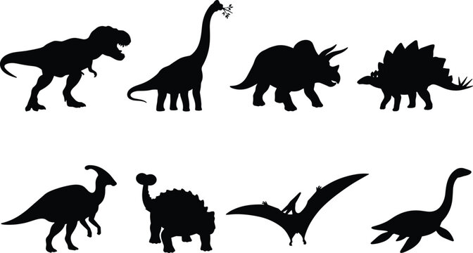 Dinosaurs silhouettes set featuring tyrannosaurus rex brachiosaurus triceratops stegosaurus pterodactyl and plesiosaurus icons for prehistoric nature design