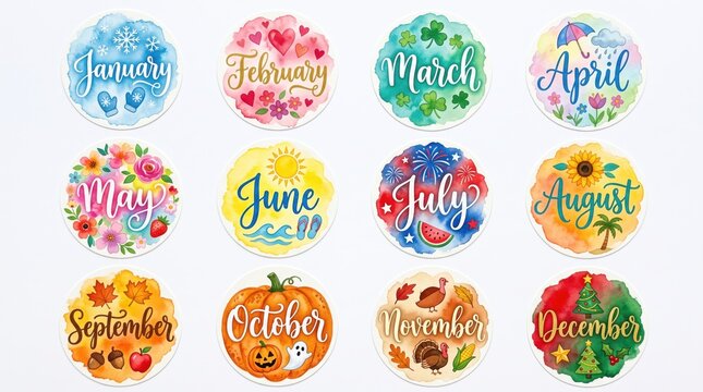 Colorful floral month of year icons set